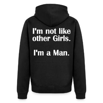 Je ne suis pas comme les autres filles - Motivation du mème de genre - Veste à capuche bio Premium Unisexe - noir - Dos - Nico (187cm)
