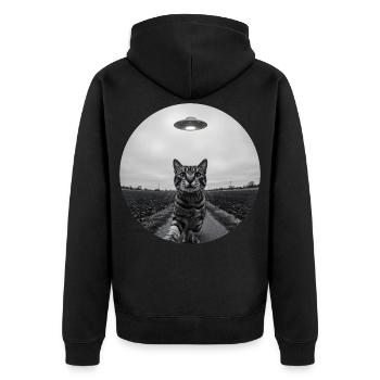 Funny UFO Space Cat Alien Design - Unisex Premium Organic Zip Hoodie - black - Back - Nico (187cm)
