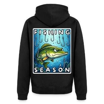 Fishing Season Lustiger Hecht Angel Shirt, Sticker - Unisex Premium Bio Zip Hoodie - Schwarz - Hinten - Nico (187cm)