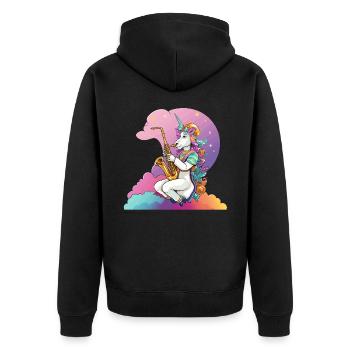 Saxophon Unicorn im Regenbogen - Unisex Premium Bio Zip Hoodie - Schwarz - Hinten - Nico (187cm)