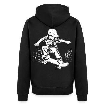 Kleiner Skater - Unisex Premium Bio Zip Hoodie - Schwarz - Hinten - Nico (187cm)