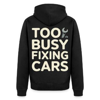 Too Busy Fixing Cars Humor Design - Unisex Premium Bio Zip Hoodie - Schwarz - Hinten - Nico (187cm)