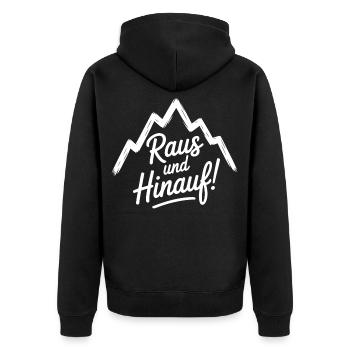 Nix wie raus – Freiheit in den Bergen - Unisex Premium Bio Zip Hoodie - Schwarz - Hinten - Nico (187cm)