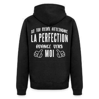Wenn du Perfektion erreichen willst, komm zu mir. - Unisex Premium Bio Zip Hoodie - Schwarz - Hinten - Nico (187cm)