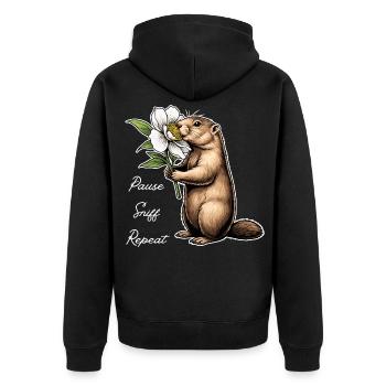Murmeltier: Pause, Schnuppern, Weitermachen - Unisex Premium Bio Zip Hoodie - Schwarz - Hinten - Nico (187cm)
