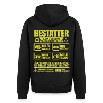 Bestatter – Kann Spuren von Sarkasmus enthalten - Unisex Premium Bio Zip Hoodie - Schwarz - Hinten - Nico (187cm)