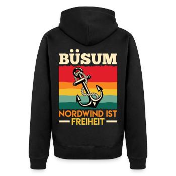 North Sea BÜSUM NORTH WIND IS FREEDOM Funny - Unisex Premium Organic Zip Hoodie - black - Back - Nico (187cm)