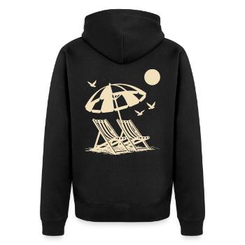 Strandurlaub mit Liegestühlen unter Sonnenschirm - Unisex Premium Bio Zip Hoodie - Schwarz - Hinten - Nico (187cm)