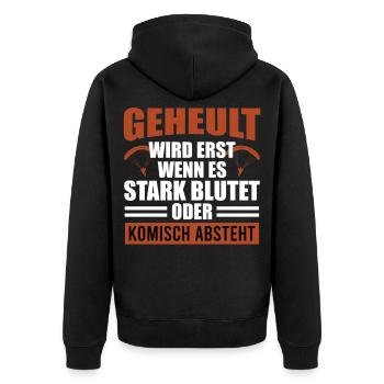 Gleitschirm GEHEULT WIRD ERST WENN ES BLUTET - Unisex Premium Bio Zip Hoodie - Schwarz - Hinten - Nico (187cm)