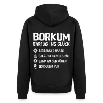 Nordsee Urlaub BORKUM BARFUß INS GLÜCK Lustiges - Unisex Premium Bio Zip Hoodie - Schwarz - Hinten - Nico (187cm)