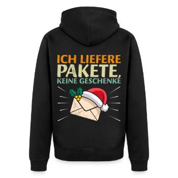 Briefträger LIEFERE PAKETE KEINE GESCHENKE - Unisex Premium Bio Zip Hoodie - Schwarz - Hinten - Nico (187cm)