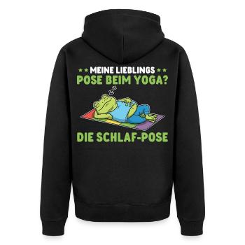Yoga Frosch – Meine Lieblingspose: Schlafen - Unisex Premium Bio Zip Hoodie - Schwarz - Hinten - Nico (187cm)