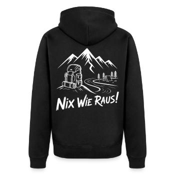 Nix Wie Raus Bergwanderabenteuer - Unisex Premium Bio Zip Hoodie - Schwarz - Hinten - Nico (187cm)