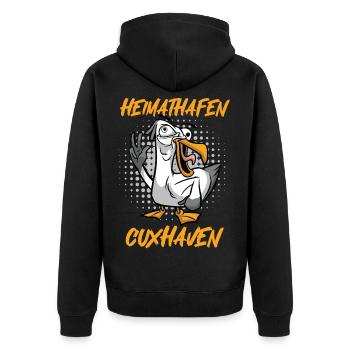 Nordsee Urlaub HEIMATHAFEN CUXHAVEN Lustig - Unisex Premium Bio Zip Hoodie - Schwarz - Hinten - Nico (187cm)