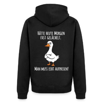 Almost Smiled – Grumpy Goose for Morning Grouches - Unisex Premium Organic Zip Hoodie - black - Back - Nico (187cm)
