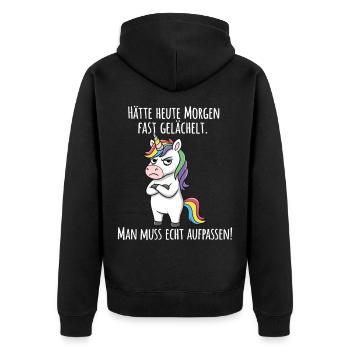 Almost Smiled – Grumpy Unicorn Morning Grouch - Unisex Premium Organic Zip Hoodie - black - Back - Nico (187cm)