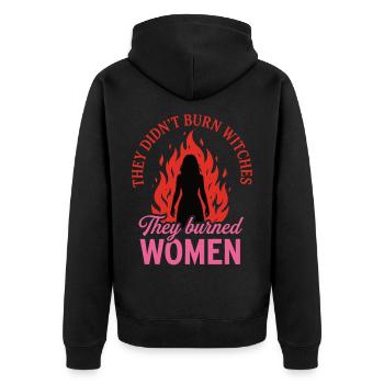 They Burned Women – Feministisches Statement - Unisex Premium Bio Zip Hoodie - Schwarz - Hinten - Nico (187cm)