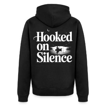 Hooked on Silence Angelmotiv - Unisex Premium Bio Zip Hoodie - Schwarz - Hinten - Nico (187cm)
