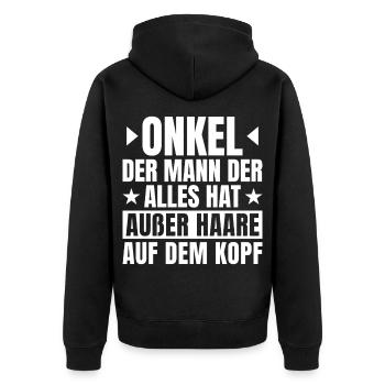 Onkel mit Glatze Spruch - Unisex Premium Bio Zip Hoodie - Schwarz - Hinten - Nico (187cm)