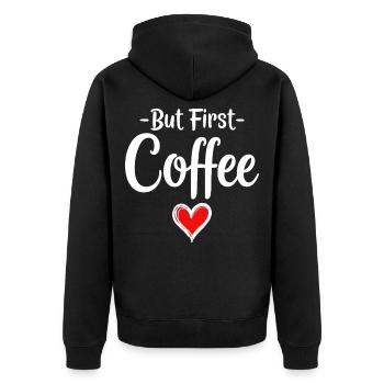 But First Coffee Kaffee Liebhaber Statement - Unisex Premium Bio Zip Hoodie - Schwarz - Hinten - Nico (187cm)