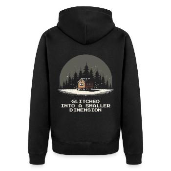 Kleinere Dimension geglitcht | Mikrohaus - Unisex Premium Bio Zip Hoodie - Schwarz - Hinten - Nico (187cm)