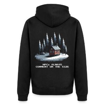 Alle kommentieren die Größe | Tiny House Humor - Unisex Premium Bio Zip Hoodie - Schwarz - Hinten - Nico (187cm)