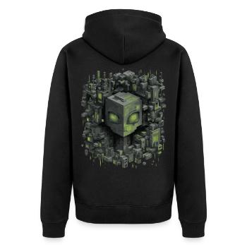 Kubische KI Kernstadt Neon Grünschimmer - Unisex Premium Bio Zip Hoodie - Schwarz - Hinten - Nico (187cm)