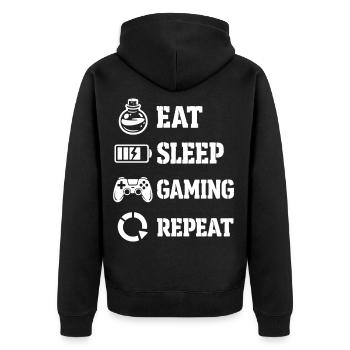 Eat Sleep Gaming Repeat – Pixel Symbolik - Unisex Premium Bio Zip Hoodie - Schwarz - Hinten - Nico (187cm)