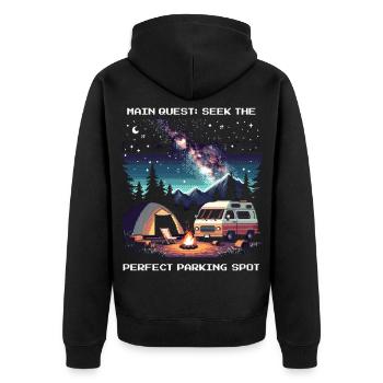 Perfekter Stellplatz gesucht | Van Life Quest - Unisex Premium Bio Zip Hoodie - Schwarz - Hinten - Nico (187cm)