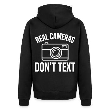 Real Cameras Don’t Text Design - Unisex Premium Bio Zip Hoodie - Schwarz - Hinten - Nico (187cm)