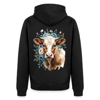 Kuhportrait mit Blumenkranz - Unisex Premium Bio Zip Hoodie - Schwarz - Hinten - Nico (187cm)