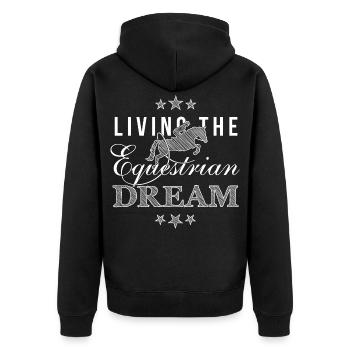 Living the Equestrian Dream - Springreiter Edition - Unisex Premium Bio Zip Hoodie - Schwarz - Hinten - Nico (187cm)