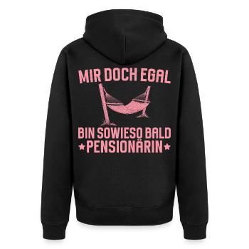 Pension Bin sowieso bald Pensionärin - Unisex Premium Bio Zip Hoodie - Schwarz - Hinten - Nico (187cm)