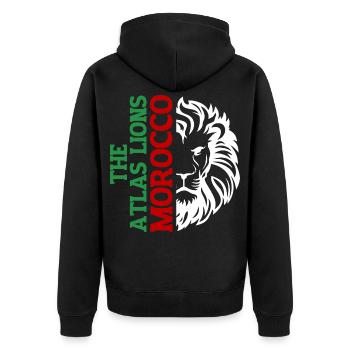 Vertikale Marokko-Typografie mit AtlasLion - Unisex Premium Bio Zip Hoodie - Schwarz - Hinten - Nico (187cm)