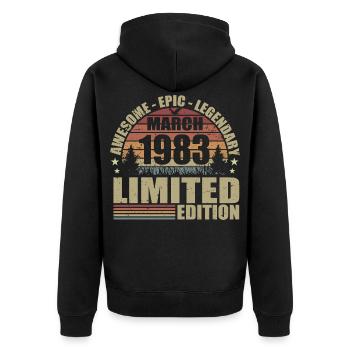 Vintage März 1983 Jubiläum – März 1983 - Unisex Premium Bio Zip Hoodie - Schwarz - Hinten - Nico (187cm)
