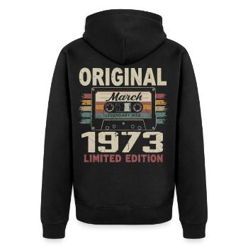 März 1973 Vintage März 1973 - Unisex Premium Bio Zip Hoodie - Schwarz - Hinten - Nico (187cm)
