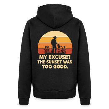 Gärtner in der Sonne: Entschuldigung angenommen - Unisex Premium Bio Zip Hoodie - Schwarz - Hinten - Nico (187cm)