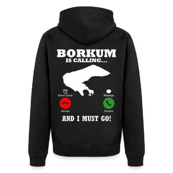 Borkumer Insel BORKUM RUFT Lustiges - Unisex Premium Bio Zip Hoodie - Schwarz - Hinten - Nico (187cm)