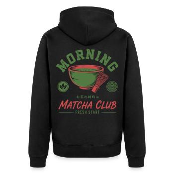 Morning Matcha Club Fresh Start Green Tea Matcha - Unisex Premium Organic Zip Hoodie - black - Back - Nico (187cm)