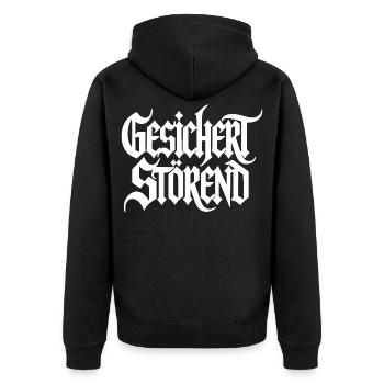 Gesichert Störend - Gothic Schrift - Rebellisch - Unisex Premium Bio Zip Hoodie - Schwarz - Hinten - Nico (187cm)
