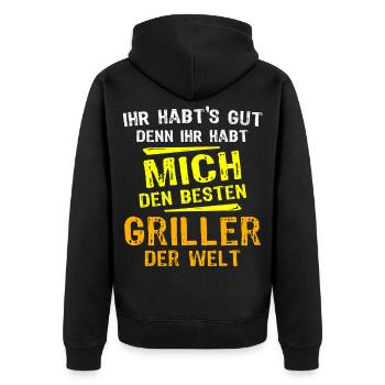 Griller Geschenk - Unisex Premium Bio Zip Hoodie - Schwarz - Hinten - Nico (187cm)