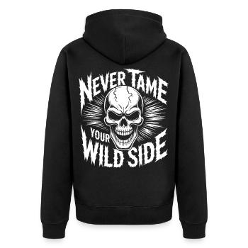 Never Tame Your Wild Side Skull Rock Gothic Design - Unisex Premium Bio Zip Hoodie - Schwarz - Hinten - Nico (187cm)