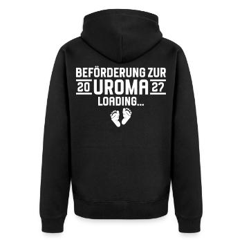 Beförderung zur Uroma 2027 loading - Unisex Premium Bio Zip Hoodie - Schwarz - Hinten - Nico (187cm)