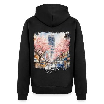 Osaka Aquarell, Osaka Japan - Unisex Premium Bio Zip Hoodie - Schwarz - Hinten - Nico (187cm)