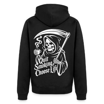Rauchen aufgeben Grim Reaper - Unisex Premium Bio Zip Hoodie - Schwarz - Hinten - Nico (187cm)