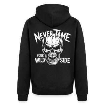 Never Tame Your Wild Side Skull – Gothic Design - Unisex Premium Bio Zip Hoodie - Schwarz - Hinten - Nico (187cm)