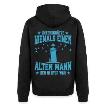 Nordsee Urlaub UNTERSCHÄTZ NIE EINEN ALTEN MANN - Unisex Premium Bio Zip Hoodie - Schwarz - Hinten - Nico (187cm)