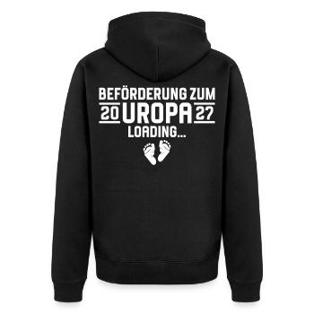 Beförderung zum Uropa 2027 loading - Unisex Premium Bio Zip Hoodie - Schwarz - Hinten - Nico (187cm)
