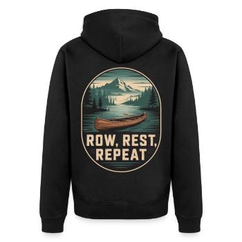 Paddeln See Berge T-Shirt – Row Rest Repeat - Unisex Premium Bio Zip Hoodie - Schwarz - Hinten - Nico (187cm)