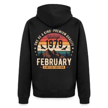Februar 1979 Vintage Geburtstag Februar 1979 - Unisex Premium Bio Zip Hoodie - Schwarz - Hinten - Nico (187cm)